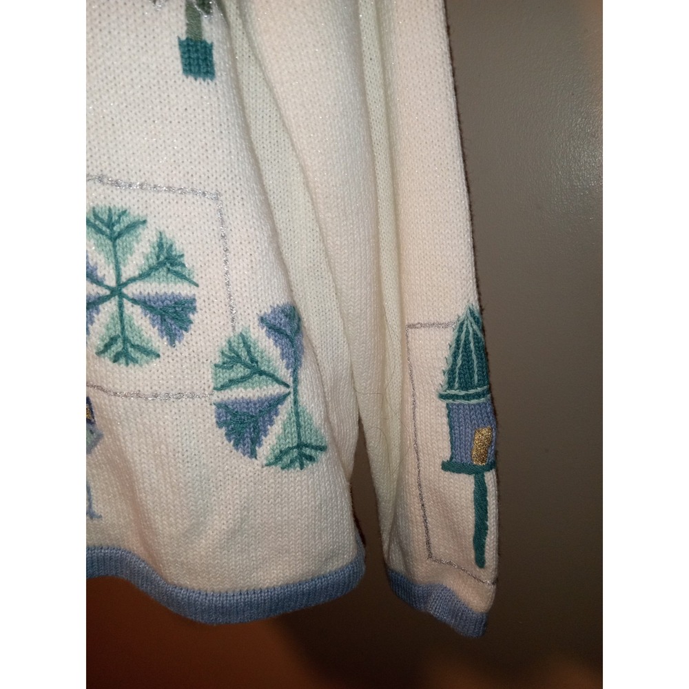 Vintage Winter Wonderland Embroidered Cardigan Sweater Blue Cream Christmas L - Picture 3 of 15